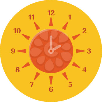 Summer time concept. Combined clock and sun. Flat design. Icon in orange circle on white background