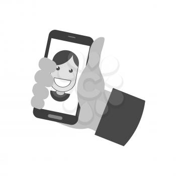 Hand holding smartphone with photo portrait icon, selfei concept. Symbol in trendy flat style isolated on white background. Illustration element for your web site design, logo, app, UI.