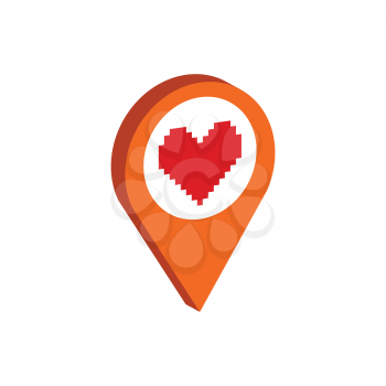Map Pointer with Heart symbol. Flat Isometric Icon or Logo. 3D Style Pictogram for Web Design, UI, Mobile App, Infographic. Vector Illustration on white background.