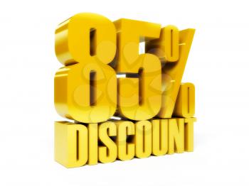 85 percent discount. Gold shiny text. Concept 3D illustration.