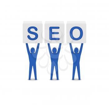 Men holding the word SEO. Concept 3D illustration.