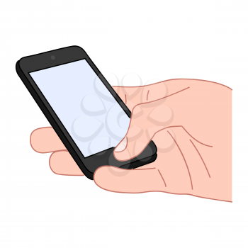Hand holds a smartphone with a blank screen