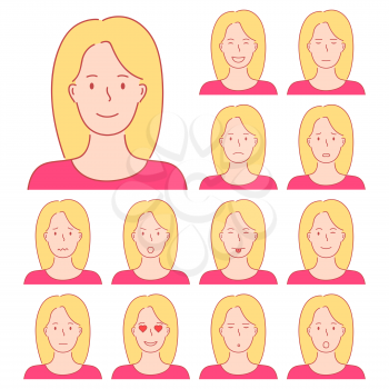 Isolated set of female avatar expressions. Different emotions of a woman with blond hair. Hand drawn style doodle design illustration