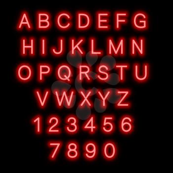 English alphabet and numbers. Neon style. Red letters. 