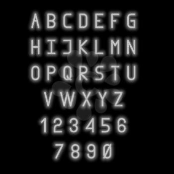 English alphabet and numbers. Neon style. Grey letters. 
