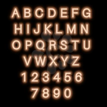 English alphabet and numbers. Neon style. Beige letters. 
