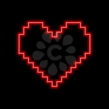 Pixel shaped heart neon sign. Bright glowing symbol on a black background. Neon style icon. 
