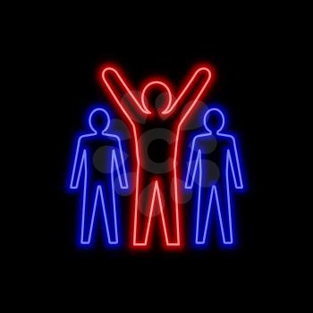 Man with hands up neon sign. Leadership concept. Bright glowing symbol on a black background. Neon style icon. 