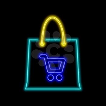 Shopping bag neon sign. Bright glowing symbol on a black background. Neon style icon. 