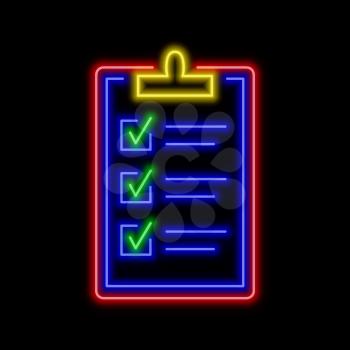 Clipboard with all checked boxes neon sign. Bright glowing symbol on a black background. Neon style icon. 
