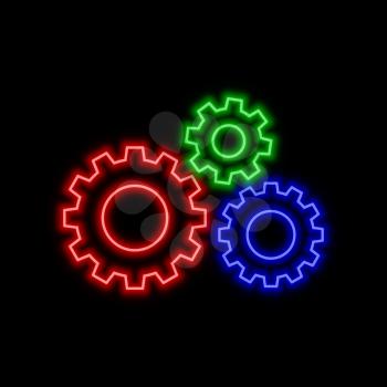 Cogwheel arrow neon sign. Bright glowing symbol on a black background. Neon style icon. 