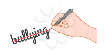 Hand with a pen crossed out the word bullying. Hand drawn style illustration