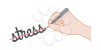 Hand with a pen crossed out the word stress. Hand drawn style illustration