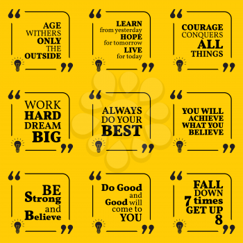 Set of motivational quotes about courage, achievement, success and strong spirit. Simple note design typography poster. Vector illustration