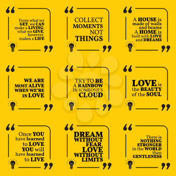 Set of motivational quotes about home, moments, love, life, dreams and gentleness. Simple note design typography poster. Vector illustration