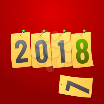 Happy New Year 2018. Creative greeting card template. Yellow note paper concept. Over red background