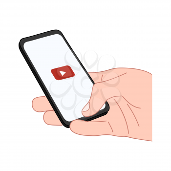 Hand holds a smartphone with a play video icon on screen