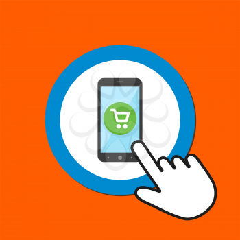 Smartphone with shopping cart icon. Mobile shopping concept. Hand Mouse Cursor Clicks the Button. Pointer Push Press