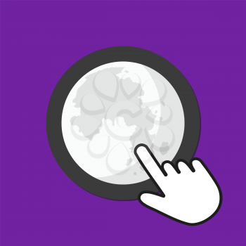 Moon icon. Space exploration concept. Hand Mouse Cursor Clicks the Button. Pointer Push Press