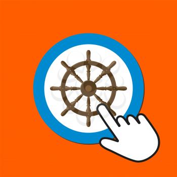 Steer wheel icon. Navigation concept. Hand Mouse Cursor Clicks the Button. Pointer Push Press