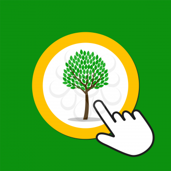 Tree icon. Life, eco concept. Hand Mouse Cursor Clicks the Button. Pointer Push Press