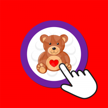 Teddy bear icon. Romantic gift concept. Hand Mouse Cursor Clicks the Button. Pointer Push Press