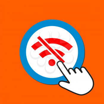 Wi-fi disabled icon. Internet disconnection concept. Hand Mouse Cursor Clicks the Button. Pointer Push Press