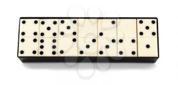 Box with dominoes on a white background