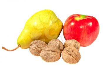 Apple pear and walnuts isolated on a white background