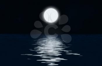 Moon, the stars and moonlit path on the water surface