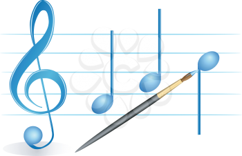 Illustration of a brush, treble clef and notes on a white background
