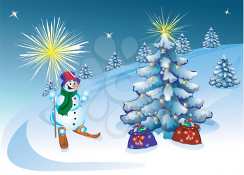 Christmas background with a snowman on skis, trees and bags with gifts.