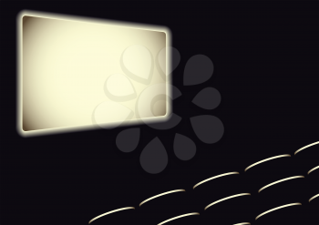 Illustration of a dark room with a screen and theater seating