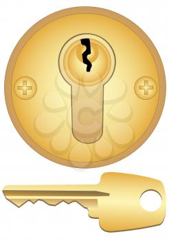 Illustration of a gold keyhole and key on a white background