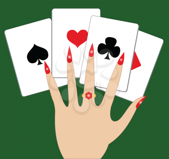 Illustration of hand with playing cards on a green background