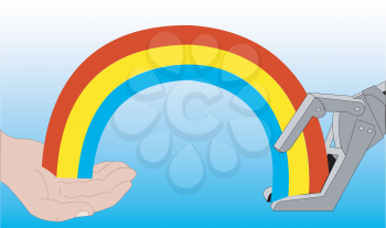 Illustration of a human and a robot hand with a rainbow
