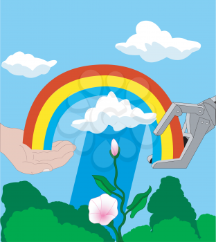 Illustration of a human and a robot hands with a rainbow amidst nature
