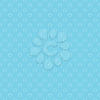 Illustration of seamless pattern with outlines of white flowers and red circles