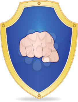 Illustration of shield with fist on white background