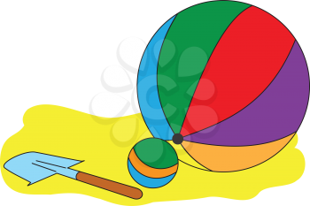 Illustration of colorful balls and children shovel on the sand