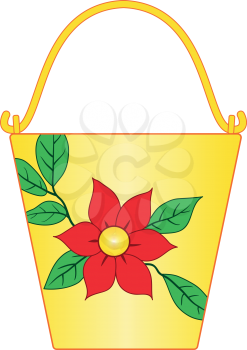 Illustration of yellow bucket with flower pattern on white background