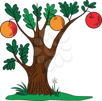 Illustration of a tree with ripe apples on the grass on a white background