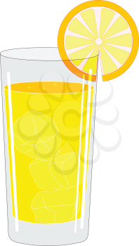 Illustration of a glass with a drink and ice cubes and a fruit slice