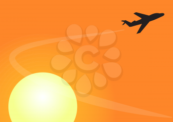 Illustration of the silhouette of a plane flying away at sunset