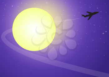 Illustration of airplane silhouette on a moonlit night against a starry sky