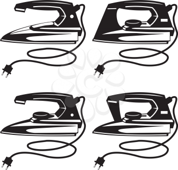 Illustration of a set of silhouettes of various irons