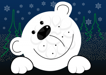 Illustration of a smiling funny white bear on the background of Christmas trees and snowflakes