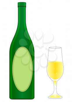 Illustration of bottle and glass of champagne isolated on white background