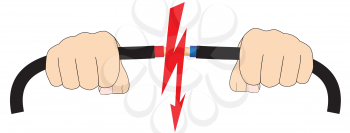 Illustration of two hands with electric wires and short circuit flash