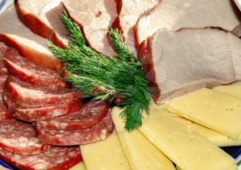 Dish with sliced sausage, cheese, ham and a sprig of dill closeup
